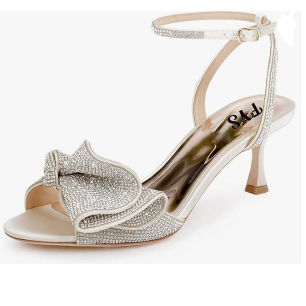 FYS Beige Rhinestones Bow Peep Toe High Heel Ankle Strap Sandal Dress Shoe